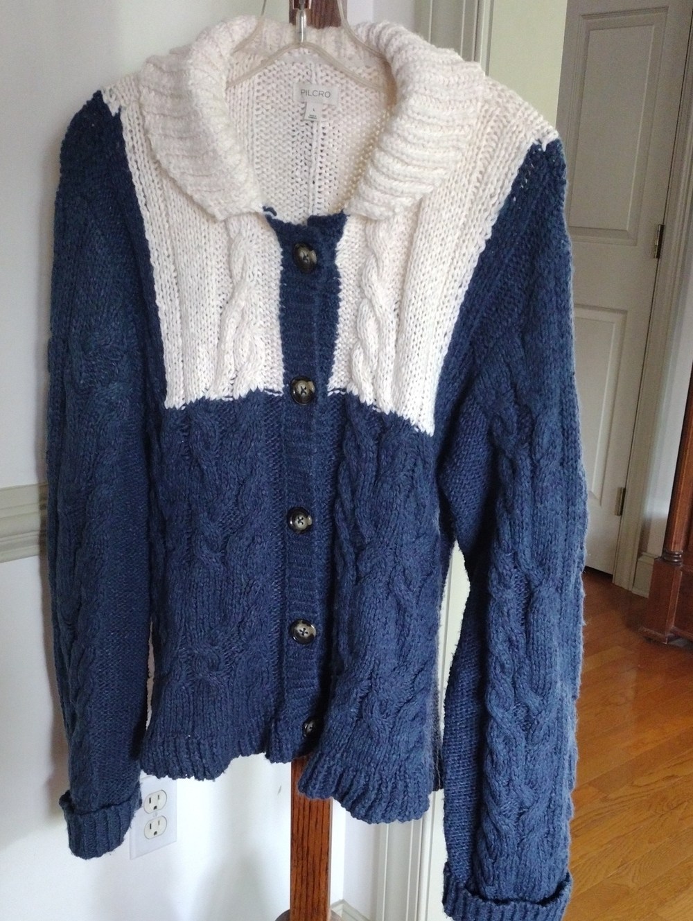 Anthropologie Pilcro Two-Tone Cable Knit Cardigan Sweater- Navy and Cream
